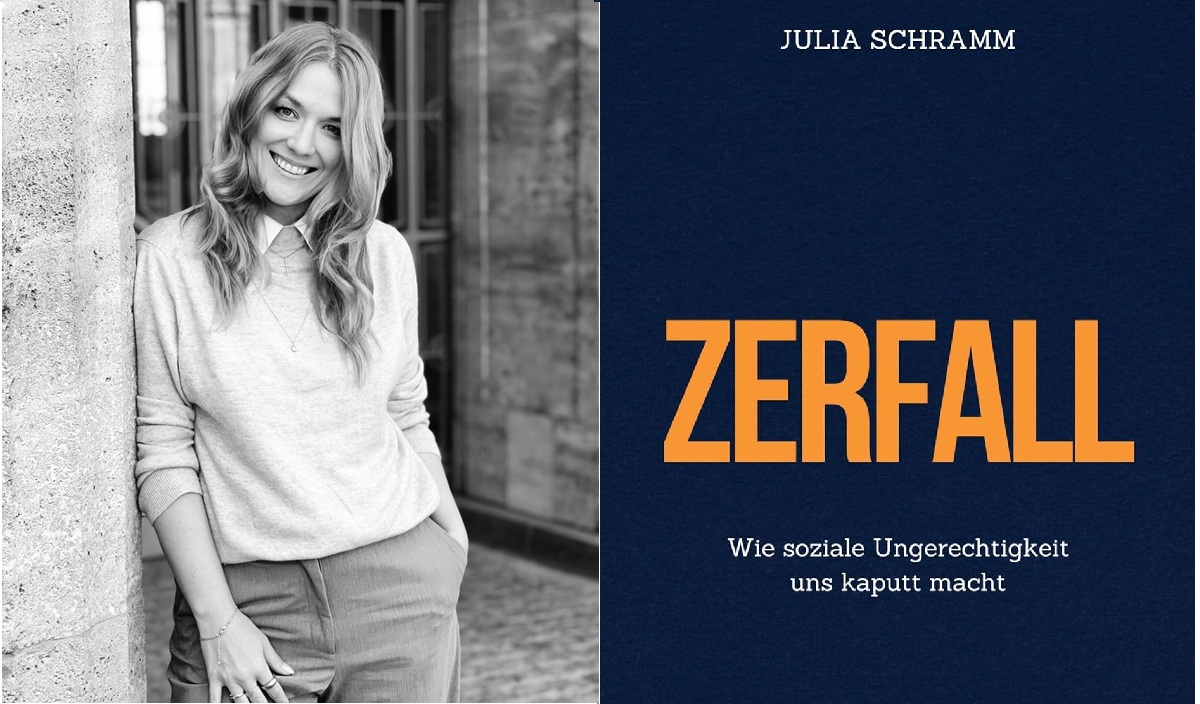 Schwarz-weiße Porträtaufnahme einer Frau mit langem Haar, die lässig an einer Wand lehnt, neben dunkelblauem Buchcover mit orangefarbener Schrift 'ZERFALL' und weißer Unterzeile 'Wie soziale Ungerechtigkeit uns kaputt macht'