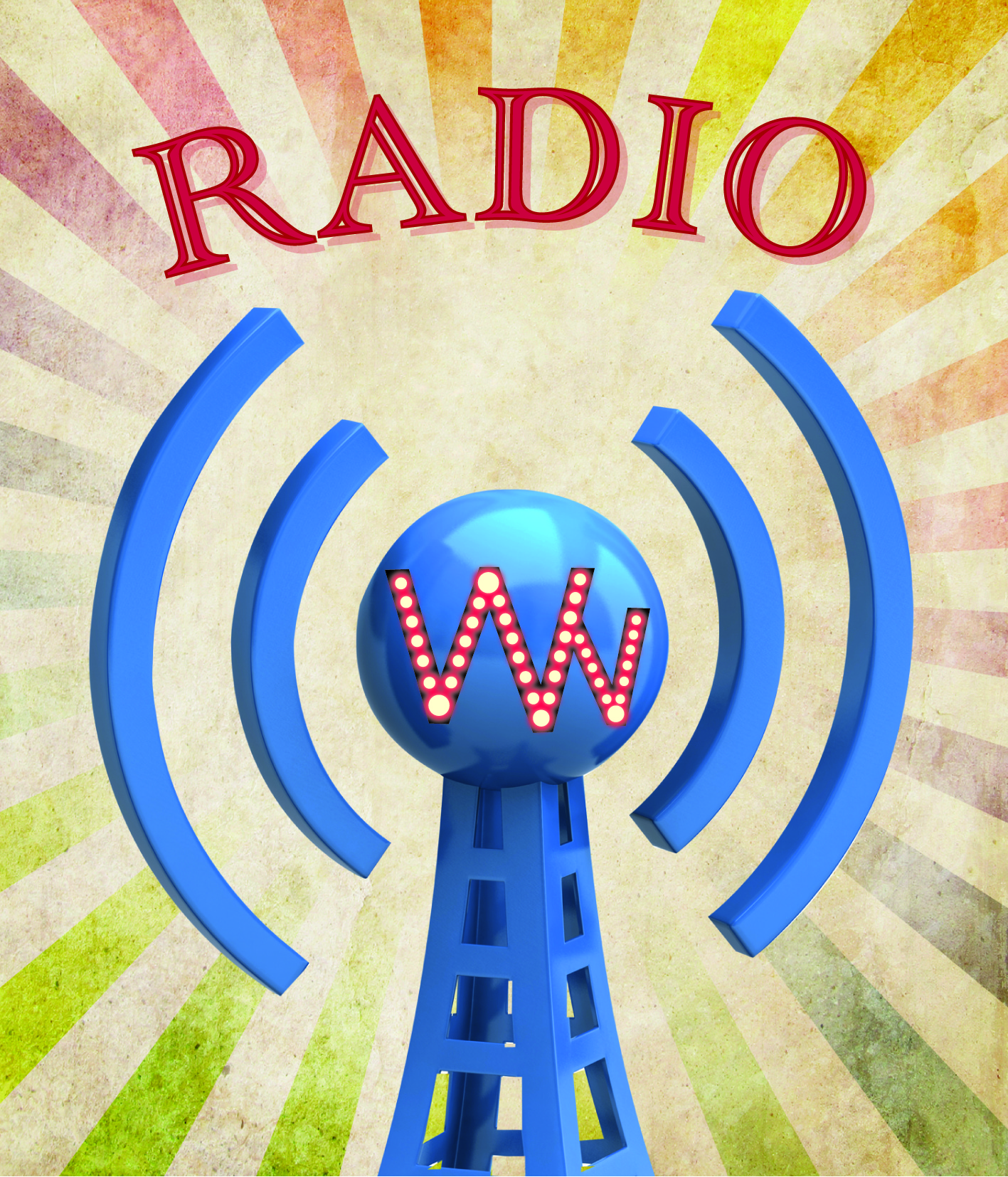 Blaues stilisiertes Funkturm-Symbol mit roten Leuchtbuchstaben 'WW' auf einer Kugel und dem Schriftzug 'RADIO' darüber vor gelb-rot strahlenförmigem Hintergrund